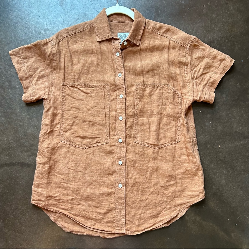 Power of my people- 100% linen oversized brown button up short sleeve- size xs
